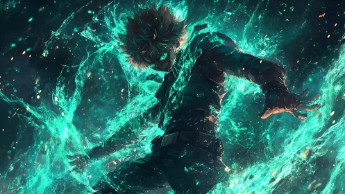 Blazing teal energy hero rising in a storm of power.