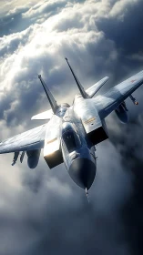 Supersonic fighter jet cuts through dramatic storm clouds.