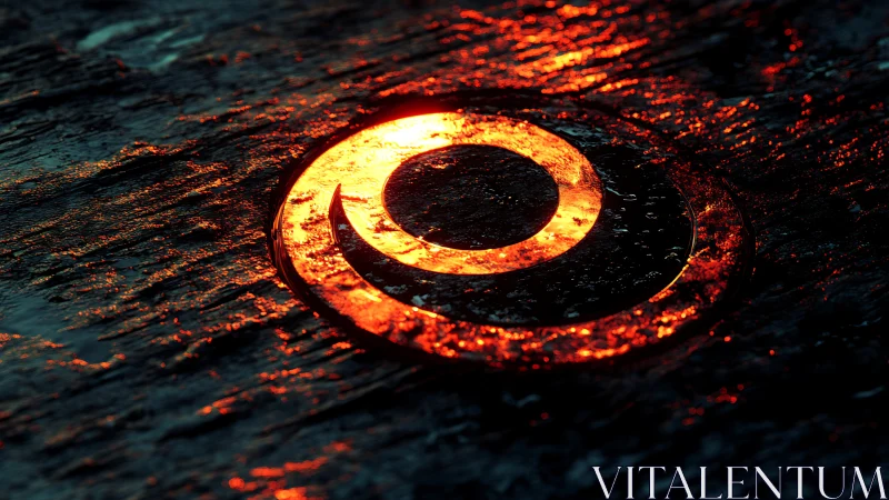 Glowing spiral emerges from dark textured surface in fiery abstraction.