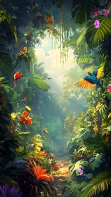 Sunlit tropical jungle trail alive with vivid parrots and flora.
