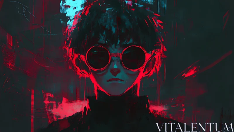 Neon backlit portrait with glitch brushwork and circular goggles