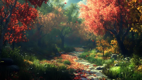 Autumn's Gentle Path Through Glowing Woods.