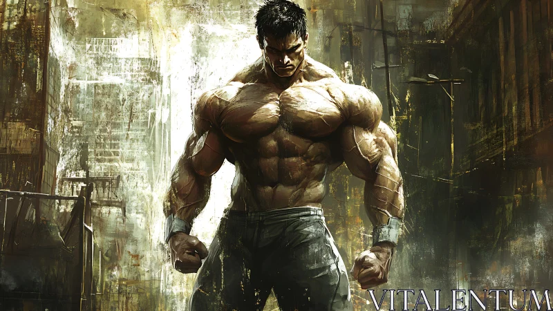 Digital painting of muscular urban warrior in decayed cityscape.