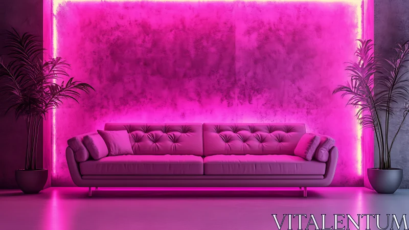 Neon pink sofa lounges boldly in a glowing urban dreamscape