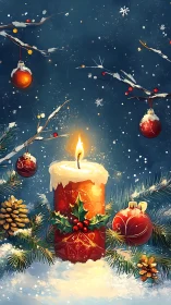 Glowing Christmas candle warms a snowy festive night scene