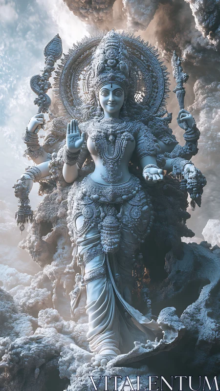 Multi-armed stone deity figure amid dense cloudlike forms.