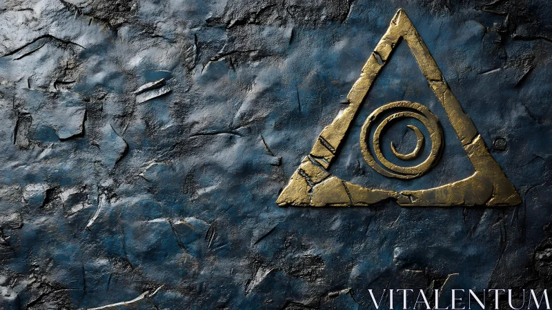 Ancient gold triangle symbol on textured dark stone background.