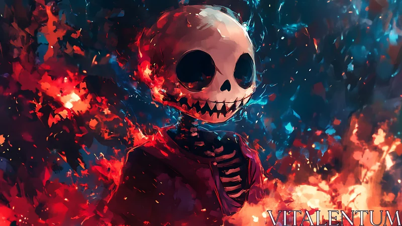 Stylized skeletal figure amid high-contrast red blue flame field