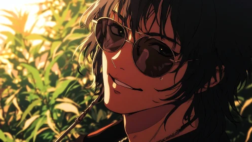 Sunlit anime rebel in sunglasses and lush foliage glow.