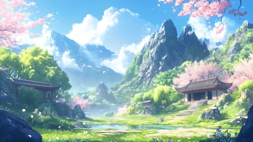 Mountain temple valley rendered in luminous spring daylight
