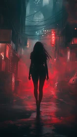 Silhouetted woman walks through red fog in neon city alley.
