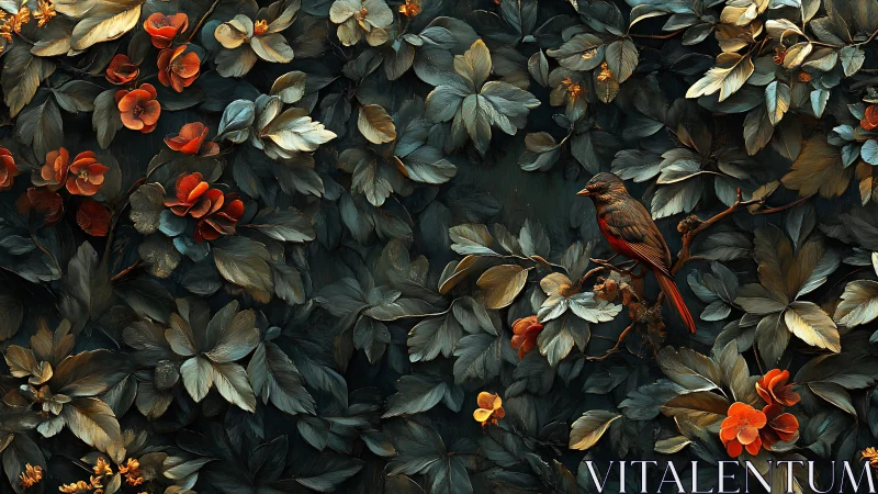 Digital foliage composition shows perched bird among dense leaves
