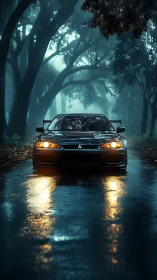 Sporty car glowing on a misty forest road at twilight.