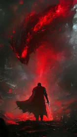 Lone crimson knight confronts a blazing voidborn dragon. Period.