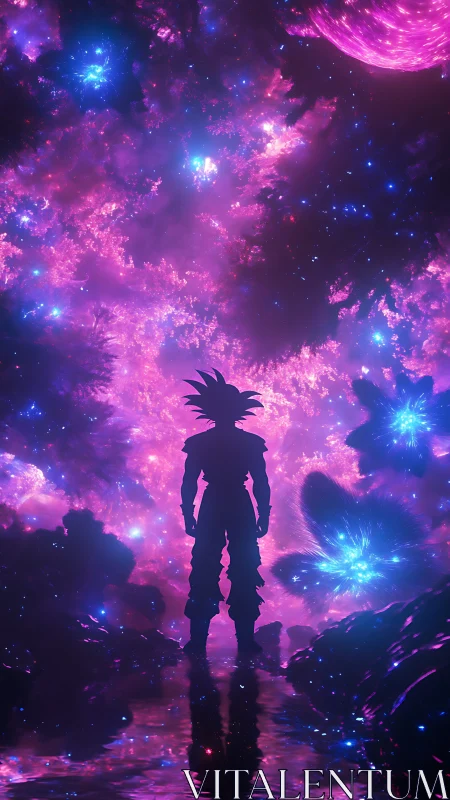 Silhouetted warrior facing luminous cosmic nebula field.