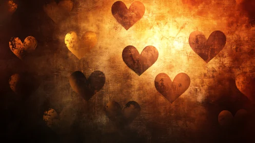 Golden Hearts Floating Against Burning Texture.