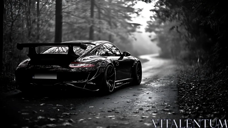 Sleek sports car waits on misty forest backroad at dusk.