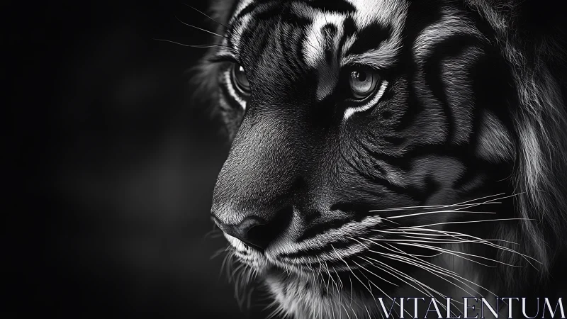 Monochrome tiger portrait with dramatic rim lighting and focus.