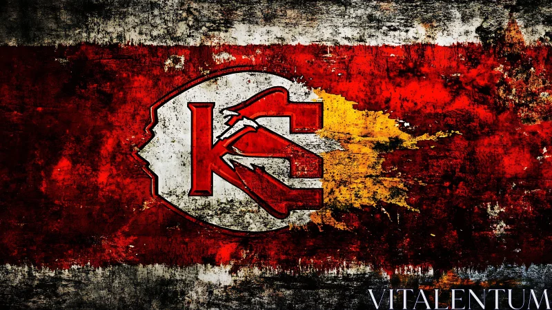 Weathered red emblem roars through grunge-scorched canvas