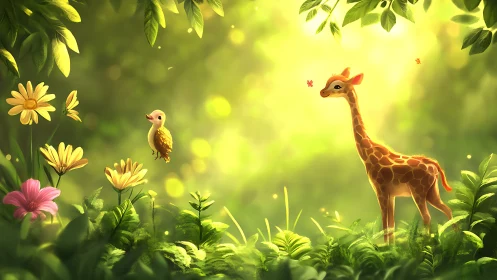 Digital painting of baby giraffe and bird in glowing forest meadow.