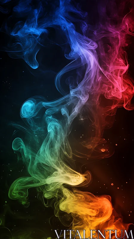 Colorful swirling smoke trail on dark black background.