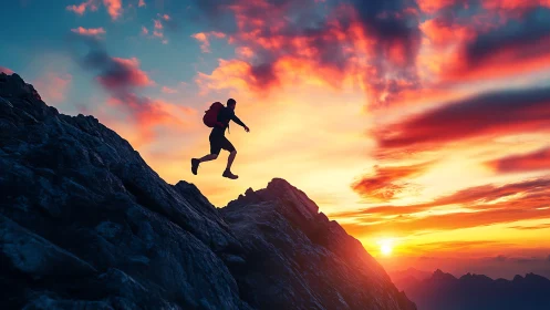 Dynamic silhouetted climber on steep ridge at spectral sunset.