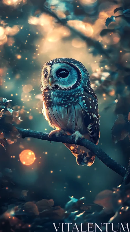 Moonlit owl perches in glowing, enchanted forest bokeh.