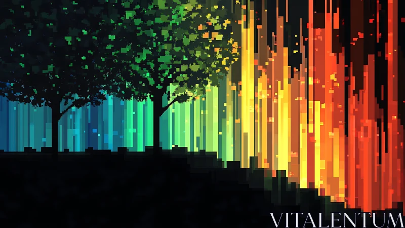 Pixel forest leans into a roaring rainbow curtain of light