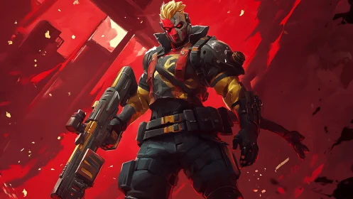 Crimson skyline enforcer stalks a shattered neon battlefield.