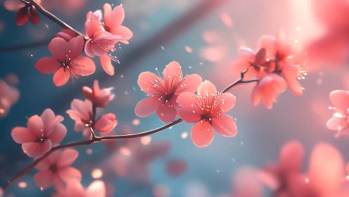 Coral Flowering Branches with Bokeh Background Composition