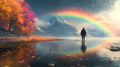 Solitary figure under rainbow by autumn lake and mountains.
