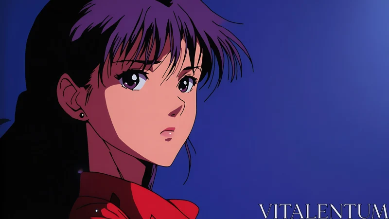 Side profile of anime woman against dark blue background.