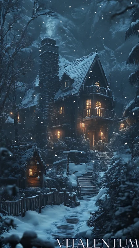 Snowbound forest cottage with glowing winter windows.
