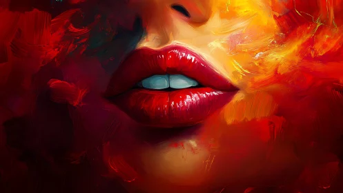 Luminous red lips glowing in a swirl of fiery color.