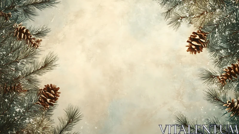 Pine branches and cones frame a central empty textured space