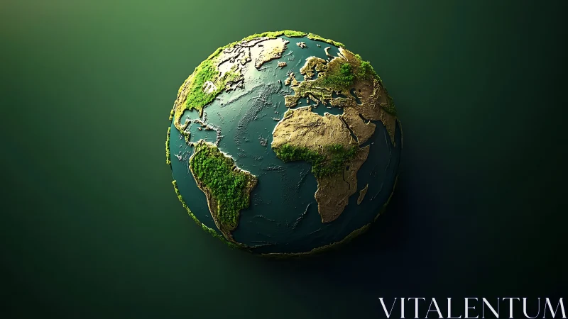 Rendered globe with textured continents and vegetation detail