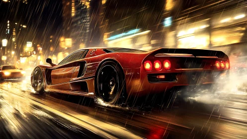 Red supercar speeding through wet neon city streets.