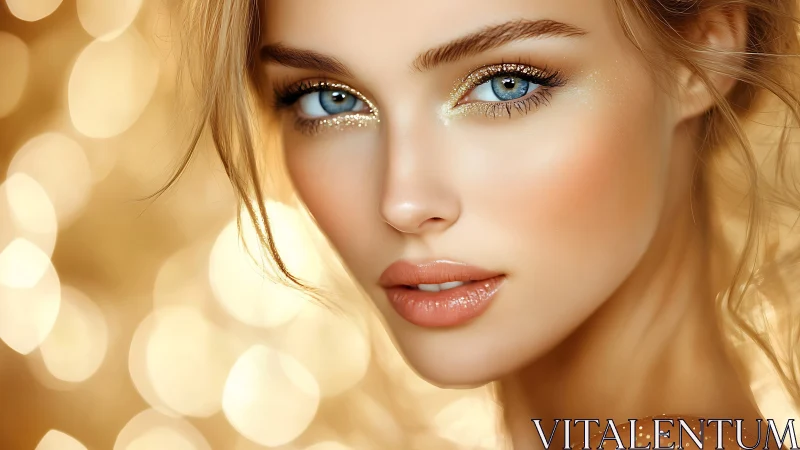 Close-up portrait shows stylized blue-eyed woman in gold light