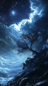 Solitary winter tree clings to a luminous storm-split sky