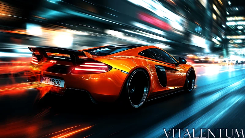 Midnight orange supercar streaking through neon city streets.