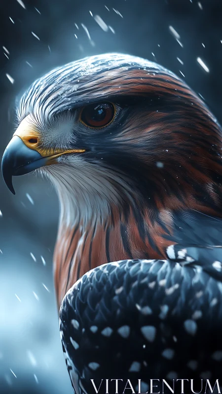 Regal hawk portrait in drifting winter snowfall.