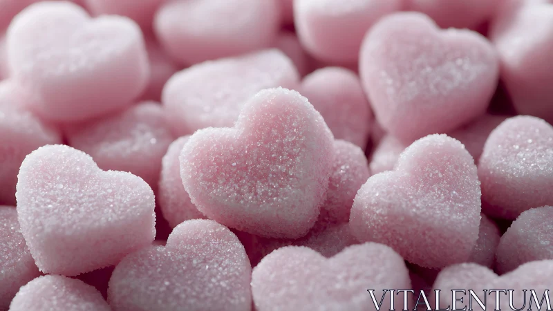 Pink sugar-coated heart-shaped confections with granulated coating.