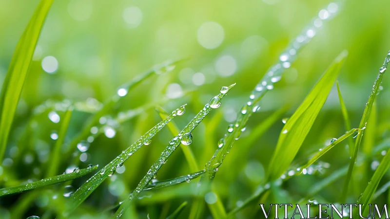 Close-up macro view of dew drops on fresh green grass.