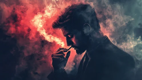 Brooding silhouette in red smoke halo of quiet defiance.