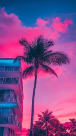 Neon palm tree by modern balcony building at sunset.