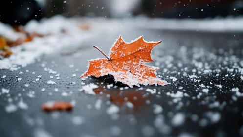 Single maple leaf on wet asphalt under first granular snowfall