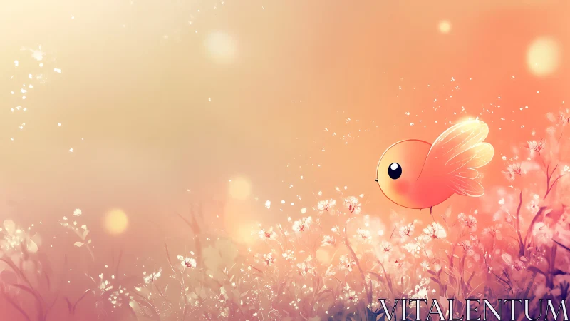 Small orange bird over soft floral field at sunset light.