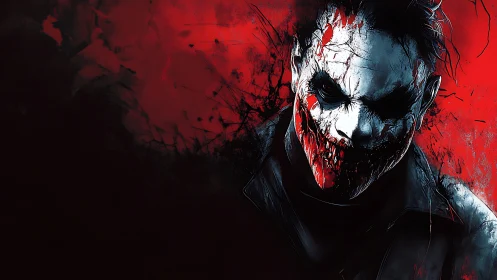 Sinister clown figure emerges from chaotic red shadows