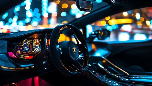 Lamborghini cockpit interior with digital dash at night.