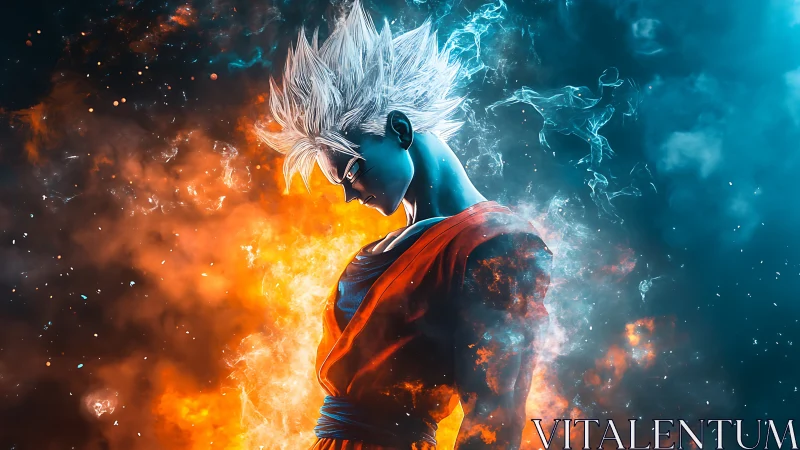 Anime warrior in dual-toned energy field, high-impact lighting.